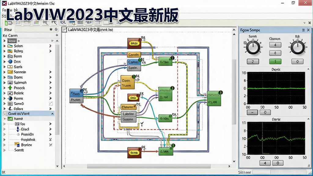一张特写图片,主体为“LabVIEW2023中文最新版”的图形化编程界面,左侧是函数面板,中间为程序框图,框图中布满了各种颜色的功能节点和连线,右侧是前面板,放置着旋钮、按钮和波形显示控件,整体布局清晰,风格明亮专业,细节丰富,画质清晰,干净无多余元素,图片左上角有“LabVIEW2023中文最新版”字样。