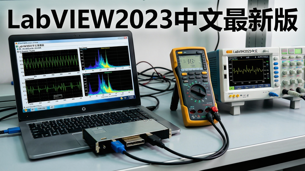 一幅展示硬件连接的场景图片,主体为“LabVIEW2023中文最新版”运行在笔记本电脑上,通过USB和GPIB线缆连接着数据采集卡、数字万用表和示波器,屏幕上实时显示采集到的电压波形和频谱图,背景为实验室工作台,风格写实,布局清晰,细节丰富,画质高,干净无多余元素,图片中嵌入“LabVIEW2023中文最新版”文字。