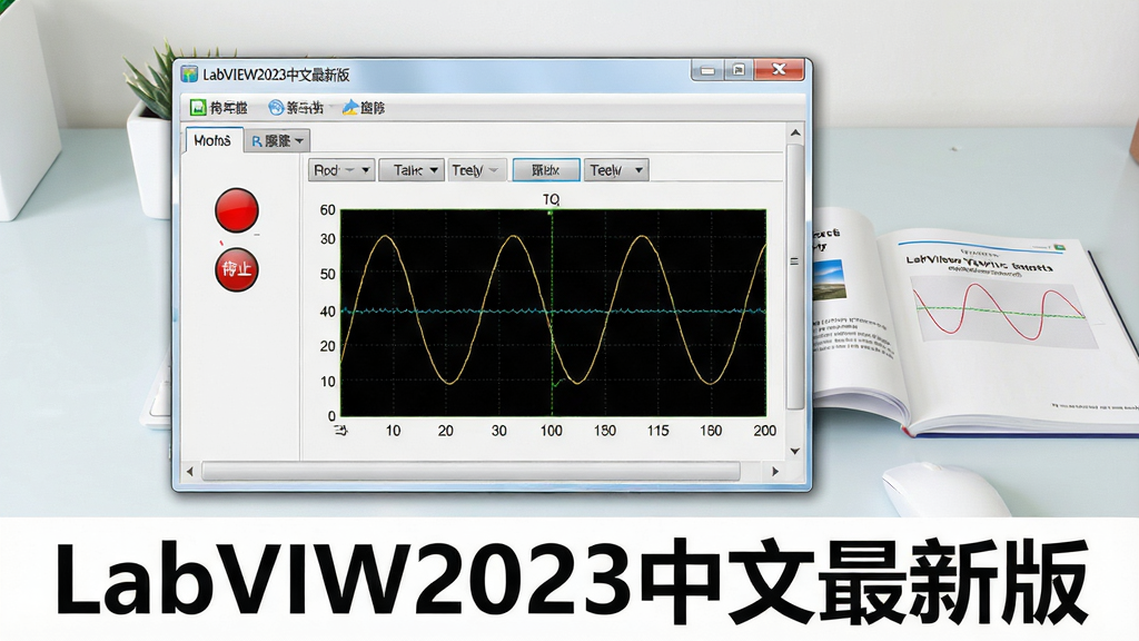 一张电脑屏幕截图风格的图片,主体为“LabVIEW2023中文最新版”的程序框图和前面板,前面板上有一个红色的停止按钮和波形图表,图表中显示正弦波,背景为干净的桌面,旁边有一本打开的用户手册,风格写实,布局清晰,细节丰富,画质高,干净无多余元素,图片下方有“LabVIEW2023中文最新版”文字。