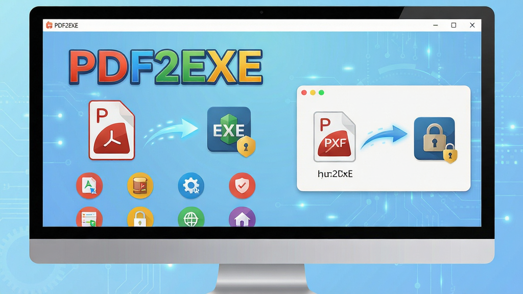 主体:一台现代电脑屏幕显示PDF2EXE软件主界面,界面中一个PDF文件图标正通过流畅的动画转换为EXE程序图标,背景为淡蓝色科技感渐变。布局:画面中央偏左放置软件名称“PDF2EXE”艺术字,右侧为转换前后文件对比缩略图。排版:主标题置于上方,下方两排功能图标整齐排列。风格:扁平化设计,色彩明快,突出专业与易用性。细节:转换过程中有发光线条连接两端,程序图标带锁形符号体现安全性。画质:4K高清,干净无多余元素。