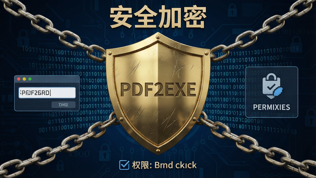 主体:一把金色盾牌图标位于画面中央,盾牌上刻有“PDF2EXE”字样,周围环绕锁链与加密二进制代码,背景为深蓝色科技纹理。布局:盾牌居中,左右两侧分布着密码输入框与权限选项图标。排版:盾牌上方有“安全加密”标题,下方为权限勾选列表。风格:写实与科技感结合,色调偏暗以突出安全氛围。细节:盾牌表面有细微划痕质感,锁链首尾相连,代码数字清晰可辨。画质:超清渲染,画面干净。