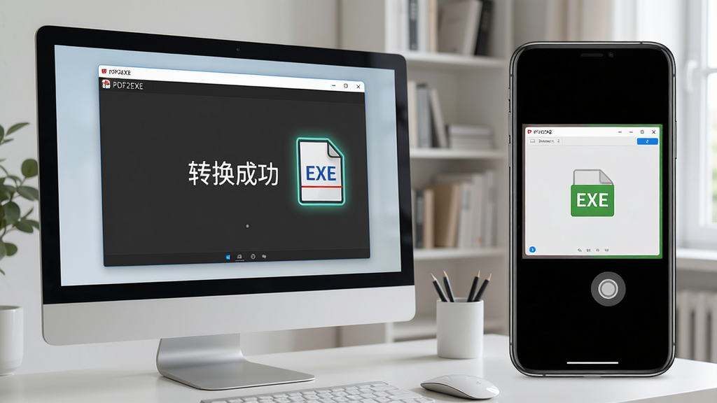 主体:电脑屏幕显示PDF2EXE软件运行界面,一台手机在旁边显示远程桌面连接画面,背景为简约书房。布局:电脑位于左侧,手机位于右侧,形成对比。排版:屏幕上有“转换成功”提示,手机画面显示控制界面。风格:生活化场景,光线柔和。细节:电脑屏幕中EXE文件图标高亮,手机屏幕有触控点。画质:高清,干净无杂物。