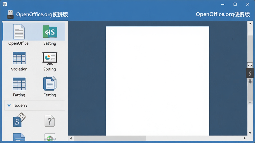 主体:OpenOffice.org便携版主界面,包含文字、表格、演示等图标;布局:左侧功能列表,右侧文档预览区;排版:简洁清晰,图标整齐排列;风格:现代扁平化设计,蓝色与白色为主色调;细节:界面显示“OpenOffice.org便携版”字样,窗口边缘有USB设备连接提示;画质:高清,干净,无多余元素