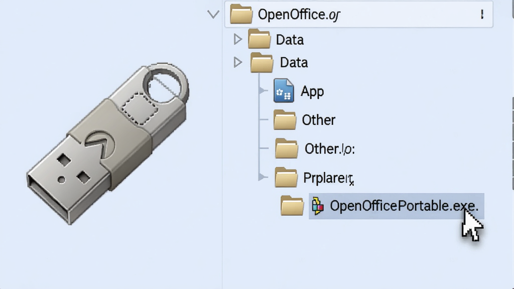 主体:OpenOffice.org便携版在U盘中的文件夹结构;布局:左侧U盘图标,右侧展开的文件夹列表;排版:层级分明,文件类型用图标区分;风格:写实截图风格,背景为淡蓝色;细节:显示“Data”、“App”、“Other”等文件夹,鼠标指向“OpenOfficePortable.exe”文件;画质:清晰,干净,无多余元素