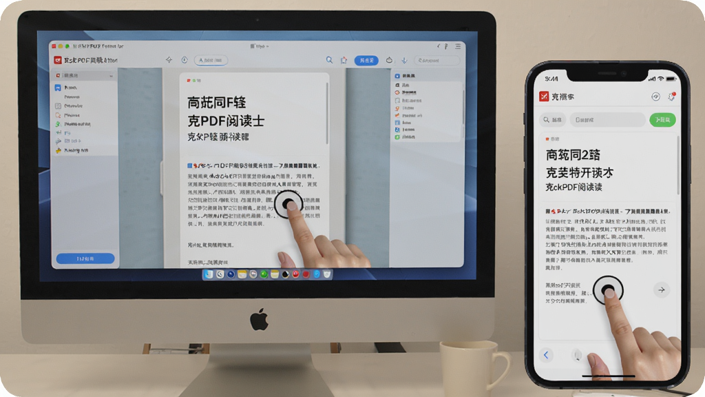 一张克克PDF阅读器在手机和电脑上同步使用的场景图,主体为手机和电脑屏幕并排显示,布局为左边电脑右边手机,风格生活化,细节显示软件界面和操作手势,画质清晰自然,无多余元素