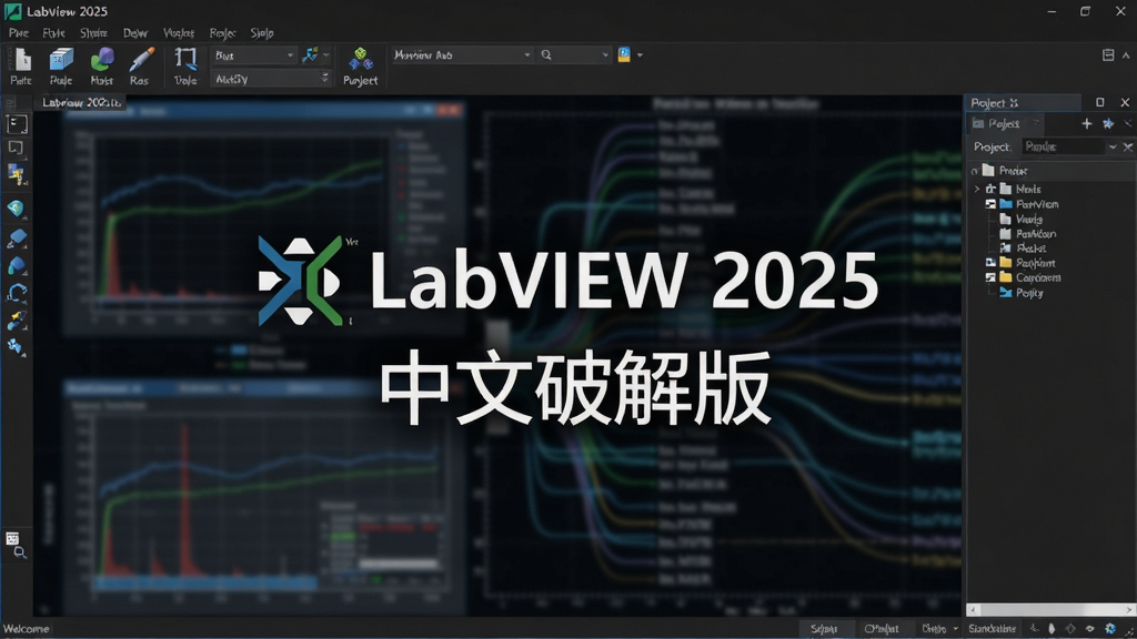 一张高清的电脑屏幕截图,显示Labview 2025中文破解版的欢迎界面,界面以深色主题为主,中央显示“LabVIEW 2025”的Logo与“中文破解版”字样,背景有模糊的工程图表与数据流线条,整体布局简洁大气,风格现代科技感,细节包括工具栏图标与项目浏览器窗口,画质清晰干净,无多余元素