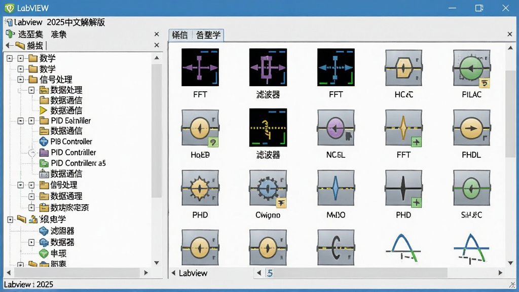 一张展示Labview 2025中文破解版函数选板的截图,左侧是函数库分类树,展开显示数学、信号处理、数据通信等子选项,右侧是具体的函数图标,包括FFT、滤波器、PID控制器等,界面为浅色主题,图标清晰,布局整齐,风格简洁,画质高清,文字“LabVIEW”在标题栏可见,无多余元素