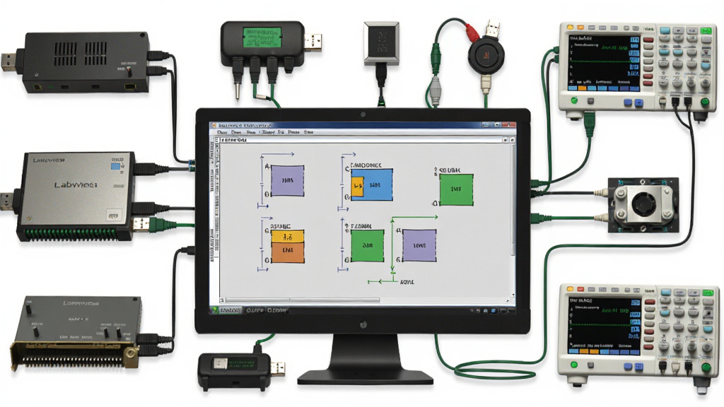 一张展示Labview 2025中文破解版连接多种硬件的示意图,画面中央是电脑屏幕显示LabVIEW程序框图,周围环绕着数据采集卡、示波器、传感器等硬件设备,通过USB和网线连接,整体布局有层次感,风格写实科技,细节丰富,画质清晰,无多余元素