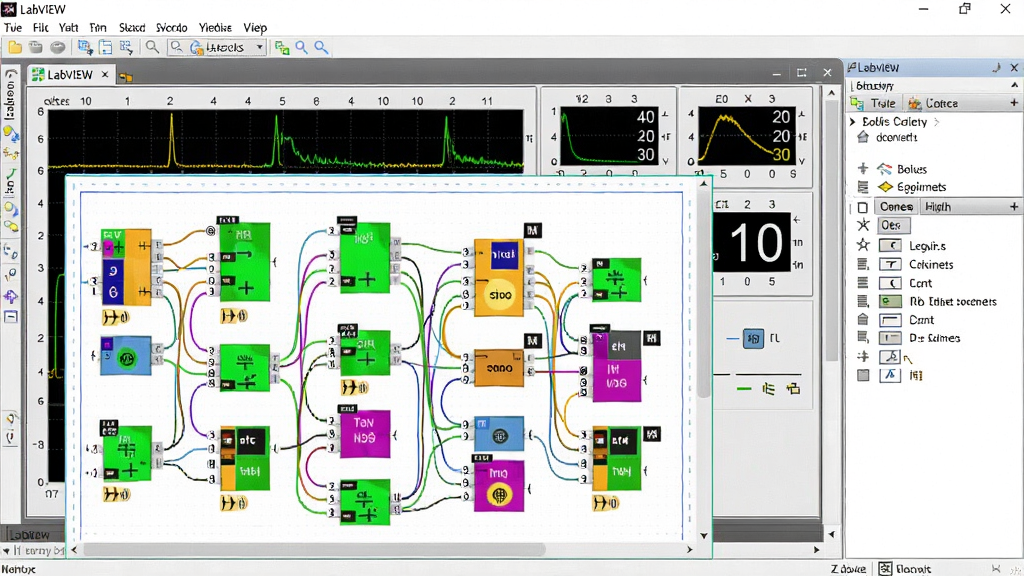 一张展示Labview 2025中文破解版编程界面的截图,前景是程序框图,上面布满了各种颜色鲜艳的函数节点与连线,右侧是控件选板,背景为前面板窗口,显示波形图表与数值显示控件,整体布局清晰,风格专业,画质高清,文字“LabVIEW”清晰可见,无多余元素