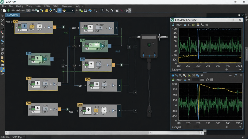 一张展示Labview 2025中文破解版程序框图调试的截图,画面中多个节点被高亮,旁边有探针窗口和波形图表,背景为深色主题,整体布局专业,细节丰富,画质清晰,文字“LabVIEW”可见,无多余元素