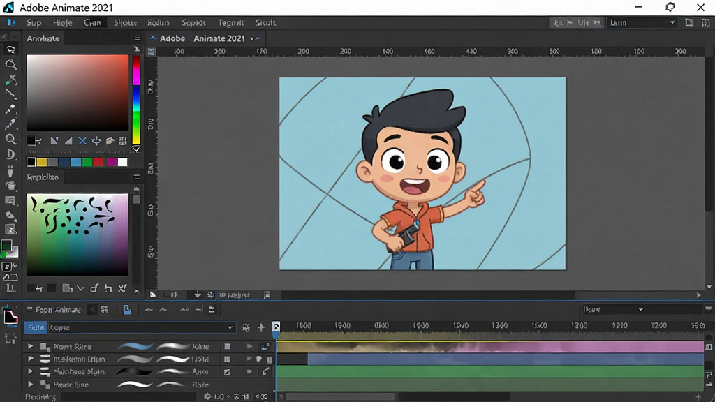 展示Adobe Animate 2021简体中文版绘图界面,左侧工具栏,中央画布上绘制卡通角色,时间轴面板在下部,笔刷与颜色面板可见,布局清晰,风格清新明亮,细节展现软件名称“Adobe Animate 2021”字样,画质高清干净