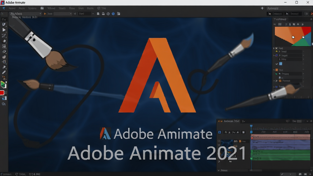 画面中央展示Adobe Animate 2021简体中文版软件启动界面,深蓝色背景配以橙色A图标,周围环绕矢量画笔、时间轴和关键帧元素,布局简洁大气,风格现代科技感,细节呈现软件名称“Adobe Animate 2021”字样,画质高清干净,无多余元素