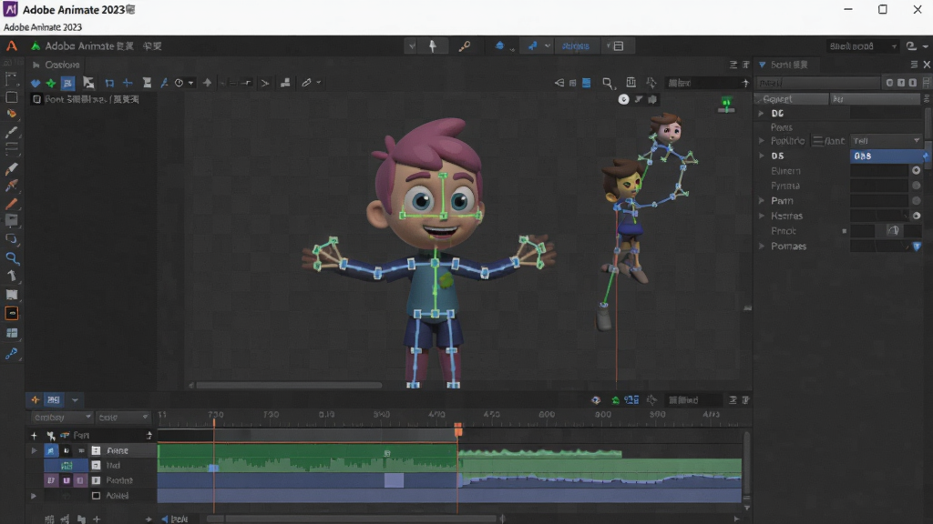 画面主体为Adobe Animate 2023 中文版软件启动界面与动画时间轴工作区,背景为半透明深灰色网格,界面中央显示一个正在制作的彩色卡通角色骨骼绑定状态,左侧是工具栏,右侧是属性面板,整体布局清晰,风格为现代扁平化设计,细节丰富,画质高清,干净无多余元素