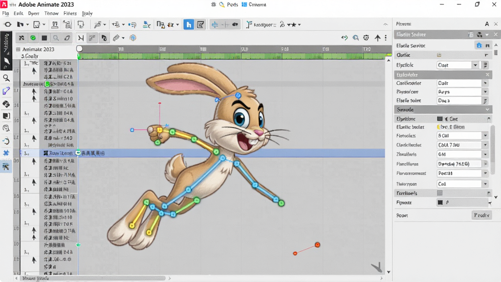画面主体为Adobe Animate 2023 中文版软件编辑界面,一个卡通兔子角色正在做跳跃动作,骨骼控制点高亮显示,右侧属性面板展示弹性骨骼参数,背景为浅灰色时间轴与关键帧,布局清晰,风格为现代软件截图风格,细节丰富,画质高清,干净无多余元素