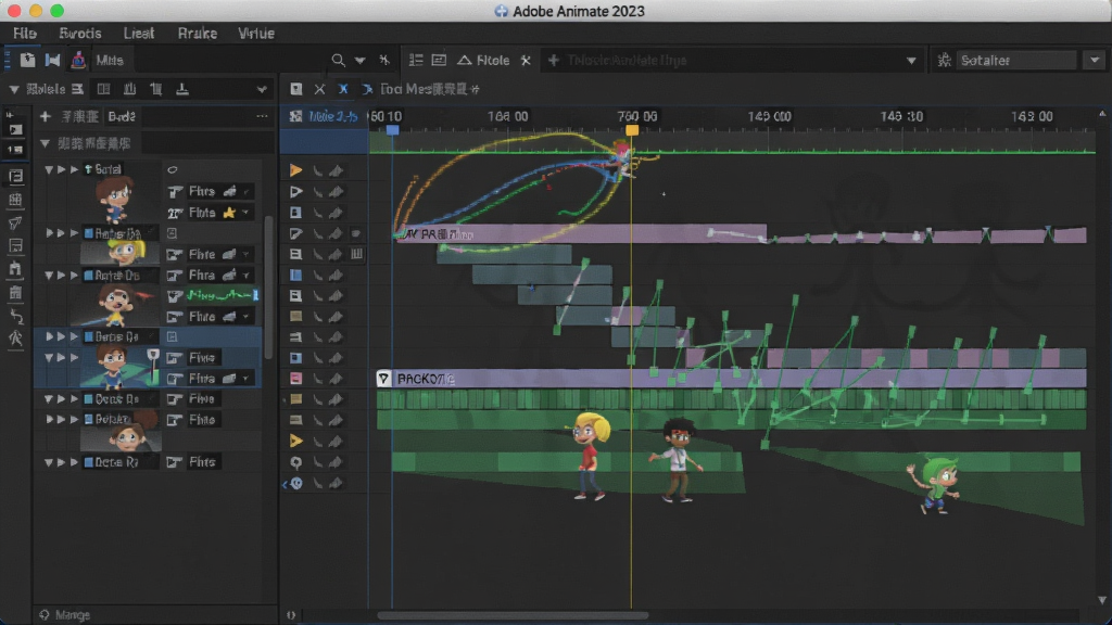 画面主体为Adobe Animate 2023 中文版时间轴面板,显示多层补间动画与关键帧,洋葱皮开启效果,背景为彩色动画角色运动轨迹,布局清晰,风格为现代软件界面风格,细节丰富,画质高清,干净无多余元素