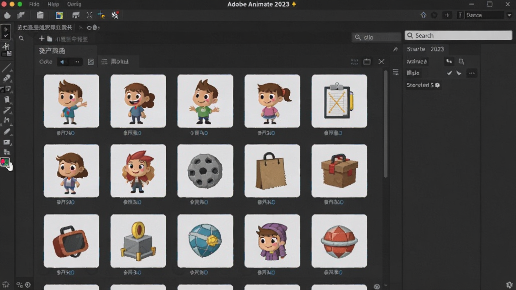 画面主体为Adobe Animate 2023 中文版资产库面板,展示多个卡通角色与道具图标,背景为软件主界面,右侧有搜索栏,整体布局规整,风格为扁平化设计,细节丰富,画质高清,干净无多余元素