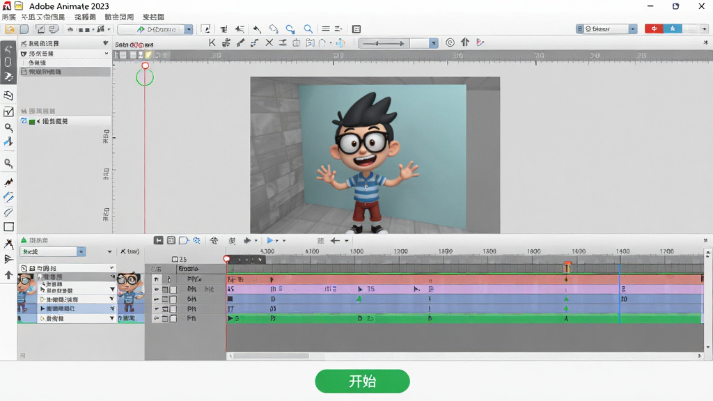 画面主体为Adobe Animate 2023 中文版软件操作界面,显示一个正在制作的卡通角色与时间轴,背景为浅灰色工作区,界面下方有“开始”按钮,风格为软件截图风格,细节丰富,画质高清,干净无多余元素