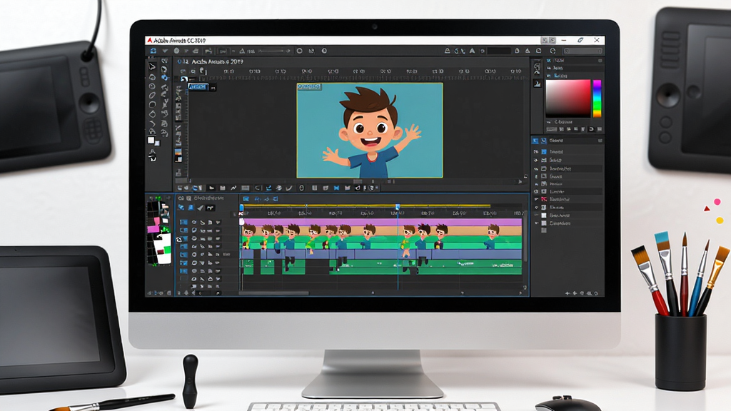 主体:一台运行着Adobe Animate CC 2019软件的电脑屏幕特写,屏幕上显示着复杂而色彩丰富的动画时间轴和舞台,一个可爱的矢量角色正在被编辑。布局:居中构图,电脑屏幕作为视觉中心,周围环绕着数位板、画笔等创作工具。排版:画面干净,主体突出,屏幕内界面元素清晰可辨。风格:现代数字艺术风格,色彩明亮,对比鲜明。细节:屏幕上的软件界面显示“Adobe Animate CC 2019”字样,时间轴上有不同颜色的关键帧,角色图层高亮显示。画质:8k分辨率,干净,无多余元素。