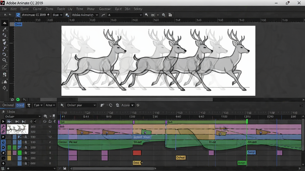 主体:Adobe Animate CC 2019软件的时间轴面板特写,上面布满了彩色的关键帧和补间区间,一个奔跑的鹿的逐帧草图序列显示在舞台上。布局:下方是时间轴,上方是舞台,舞台上的鹿的连续动作草图呈半透明重叠显示。排版:时间轴清晰,关键帧用不同颜色区分。风格:专业动画软件工作界面风格。细节:时间轴上的帧标签清晰,舞台上显示“洋葱皮”效果,窗口标题显示“Adobe Animate CC 2019”。画质:高清晰度,干净,无多余元素。