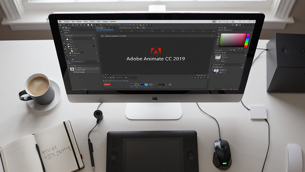 主体:一张电脑桌面的俯视图,屏幕上显示Adobe Animate CC 2019软件正在运行,旁边放着一杯咖啡和笔记本。布局:俯视构图,电脑屏幕为画面中心。排版:画面元素错落有致。风格:写实生活风格,光线柔和。细节:屏幕中清晰显示“Adobe Animate CC 2019”的启动界面,桌面上有数位板和鼠标。画质:高清,干净,无多余元素。