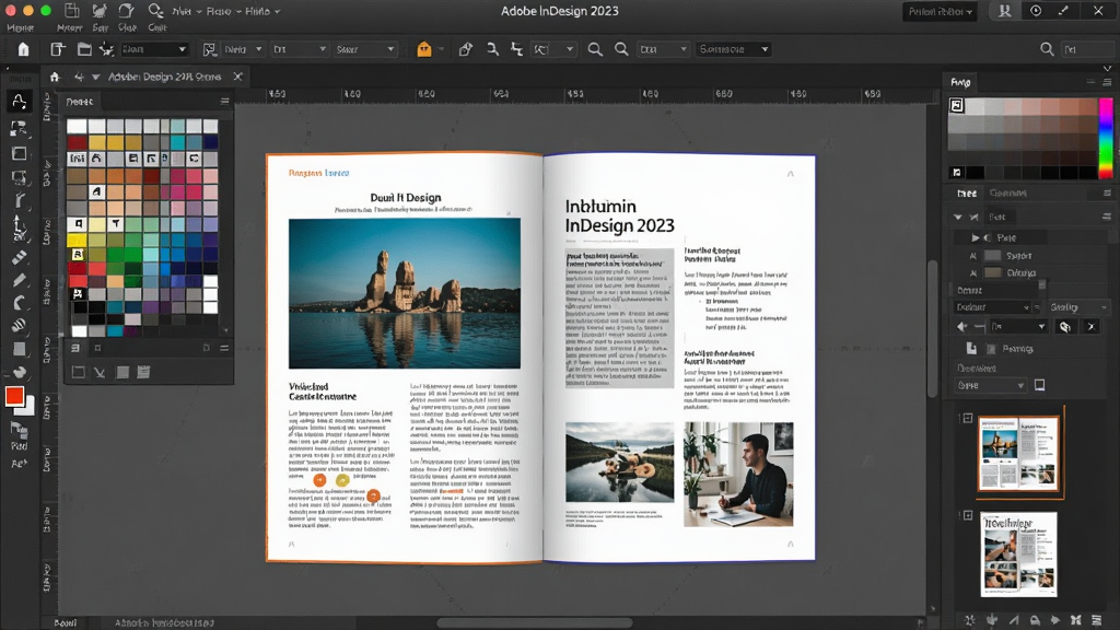 ���壺Adobe InDesign 2023���İ��������棬չʾ�������д򿪵���־���������Ŀ������ͼƬ���ı���ɫ��������壬���֣�����ȫò���У������������Ű棺����Ԫ���������У�����ִ�רҵ��ƸУ�ϸ�ڣ�����������������ҳ������ͼ�����ɼ������ʣ����壬�ɾ����޶���Ԫ��