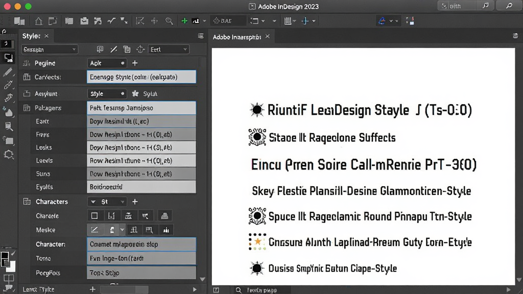���壺Adobe InDesign 2023���İ���ʽ�����棬չʾ������ʽ���ַ���ʽ�б������֣���ʽ�б����ı����Դ��ڲ��ţ��Ű棺����չʾ��ʽӦ��Ч������񣺼��רҵ��ϸ�ڣ���ʽ������Ԥ��Ч��ͬʱ��ʾ�����ʣ����壬�ɾ����޶���Ԫ��