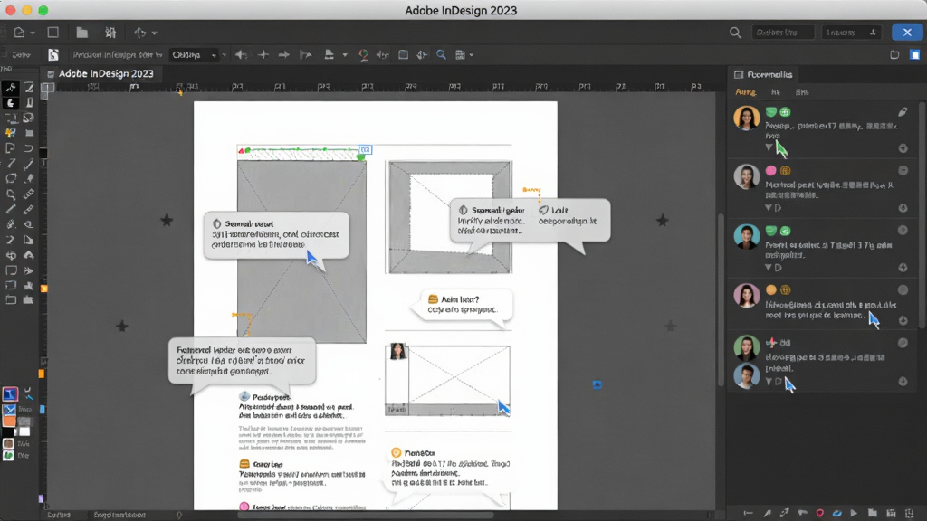 ���壺Adobe InDesign 2023���İ�Э�����棬չʾ�������߱༭ͬһ�ĵ��Ľ��棬�����������ݣ����֣��ĵ����У��Ҳ����������Ű棺������ˬ������ִ��칫�磬ϸ�ڣ���ʾ����ͷ�����꣬���ʣ����壬�ɾ����޶���Ԫ��