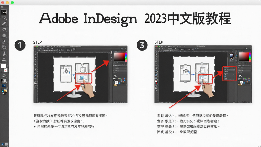 ���壺Adobe InDesign 2023���İ�ʹ�ý̳̽��棬չʾ��������ʾ��ͼ�����֣�������������ͼ��ϣ��Ű棺������ѧ��񣬷�񣺼�����ˣ�ϸ�ڣ���ɫ��ͷ��ע�ؼ����������ʣ����壬�ɾ����޶���Ԫ��