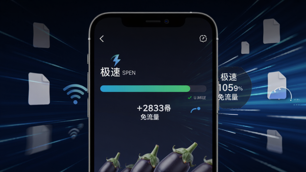 展示茄子快传传输速度的界面截图,手机屏幕中显示传输进度条和速度数值,背景为动态的速度线条和文件图标,界面风格清晰直观,突出