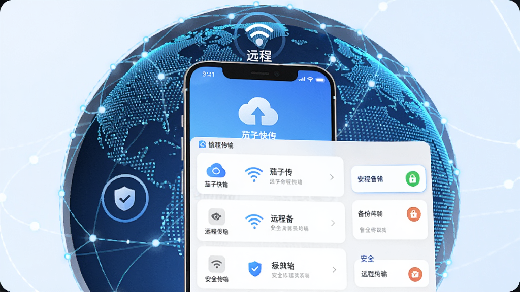 展示茄子快传远程传输和备份功能的界面,手机屏幕显示云端备份图标和远程传输列表,背景为地球网络图案,突出
