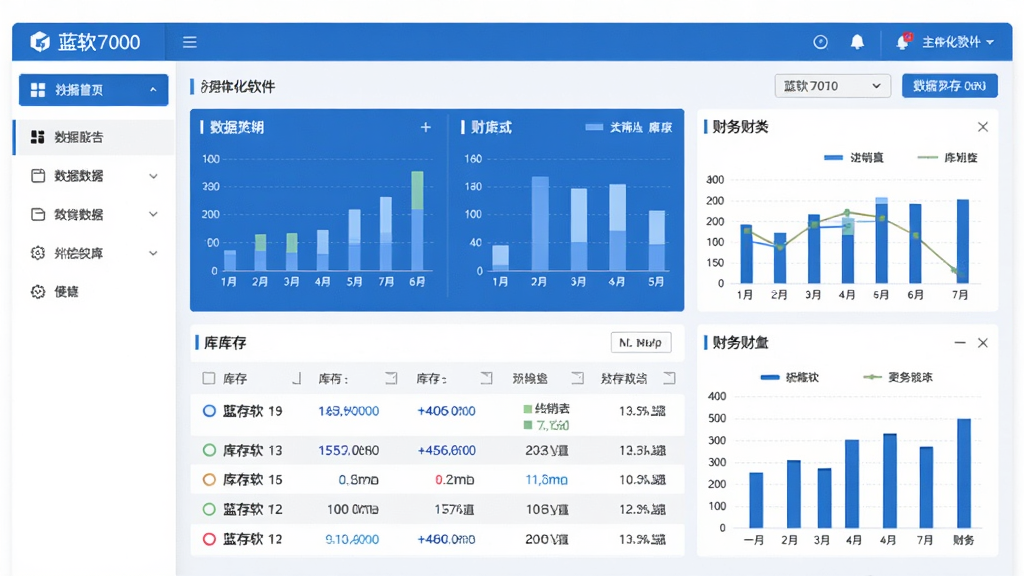 蓝软7000进销存财务一体化软件主界面预览图,展示简洁的导航栏、数据看板、库存列表和财务图表,整体风格商务大气,界面布局清晰,色彩以蓝色和白色为主,画质高清,干净无多余元素