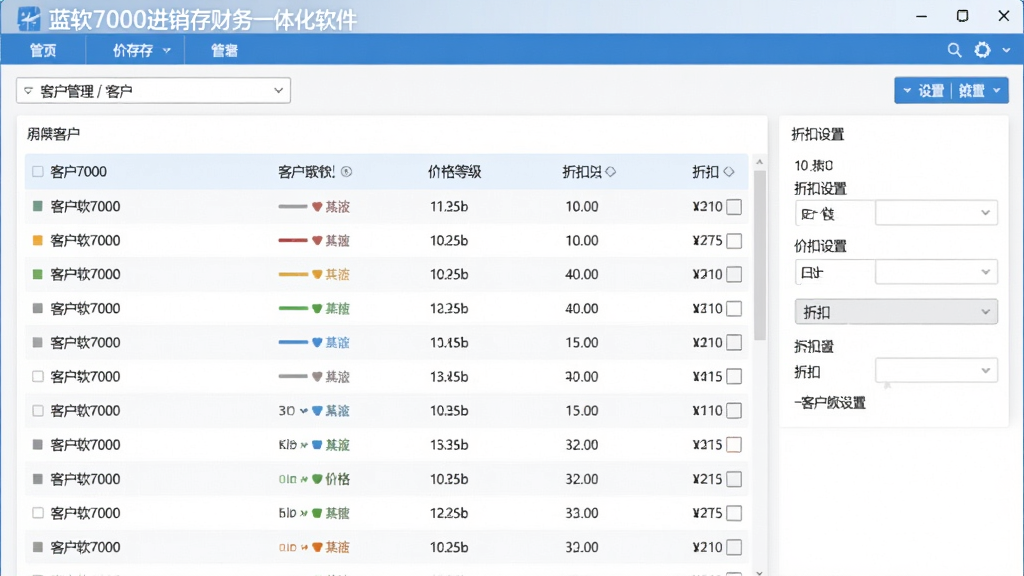 蓝软7000进销存财务一体化软件客户价格管理界面,展示客户列表、价格等级、折扣设置,界面整齐,数据直观,风格简约,画质干净,无多余元素