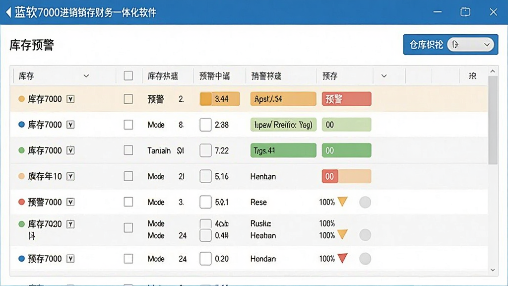 蓝软7000进销存财务一体化软件库存预警界面截图,展示库存列表、预警颜色标注、仓库切换按钮,界面友好,数据清晰,风格商务,画质高清,干净无多余元素