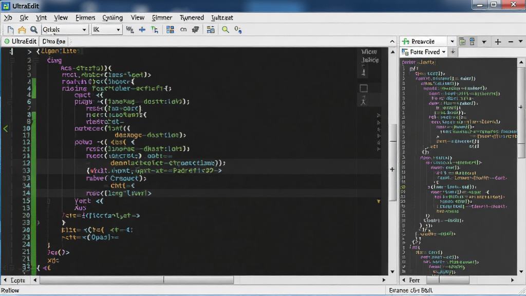 UltraEdit 代码编辑界面,显示C++代码,语法高亮,自动缩进,代码折叠,右侧有代码预览,高分辨率,画质清晰