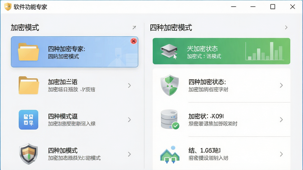 一张软件功能展示图,主体为文件夹加密专家的主界面,界面左侧列出四种加密模式图标,右侧显示对应的加密状态,布局左右分栏,风格简洁清晰,细节包括模式图标和状态文字,画质干净明亮,无多余元素,文字标注“四种加密模式”
