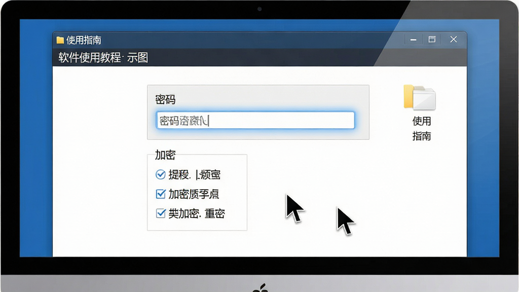 一张软件使用教程示意图,主体为电脑屏幕显示文件夹加密专家的设置界面,界面中有密码输入框和加密选项,布局居中,风格写实,细节包括鼠标指针和界面高亮,画质清晰,无多余元素,文字标注“使用指南”