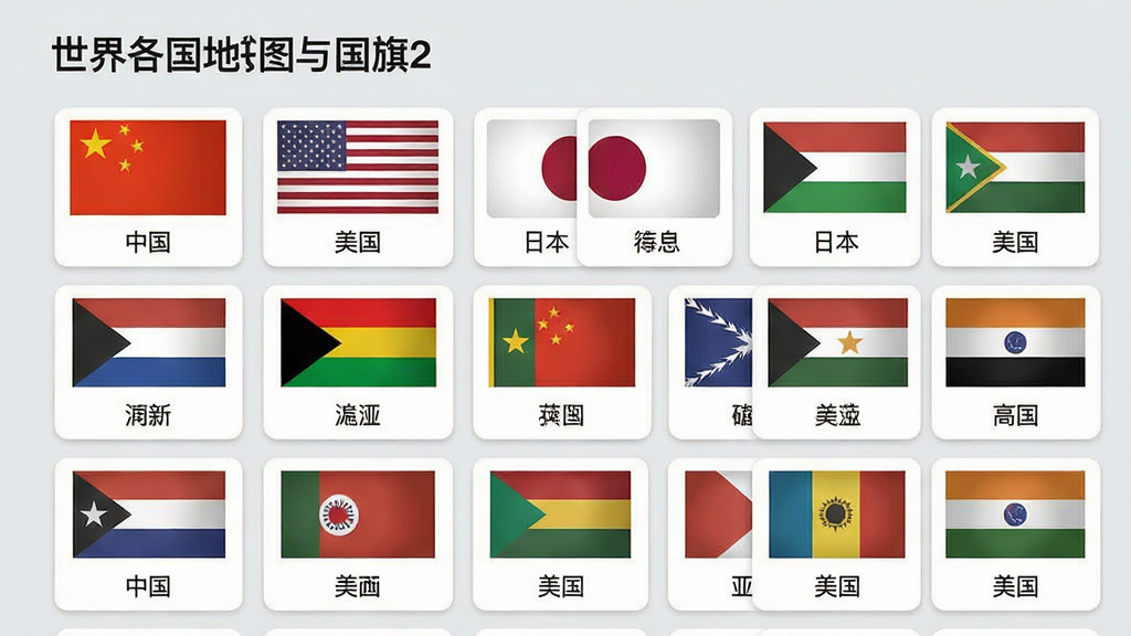 主体:软件“世界各国地图与国旗2”的国旗列表页面。布局:国旗以网格形式排列,每面国旗下方标注国家名称。风格:简洁的卡片式设计,背景为浅灰色。细节:国旗图案清晰,国家名称文字如“中国”、“美国”、“日本”等。画质:高清,色彩准确,干净,无多余元素。