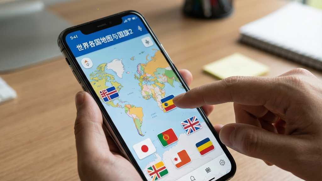 主体:软件“世界各国地图与国旗2”在手机上的使用场景。布局:手机屏幕显示地图界面,手指正在点击国旗图标。风格:真实摄影风格,背景为书桌。细节:手机屏幕上有地图和国旗图案,手指操作清晰。画质:清晰,干净,无多余元素。