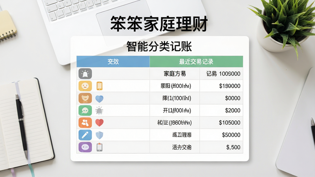 画面主体为一张表格,表格上方写着“笨笨家庭理财”智能分类记账界面,左侧是各类消费图标,右侧是最近几笔交易记录;背景为简约办公桌,有笔记本和绿植;布局为左右分栏式,表格居中;排版清晰,图标色彩丰富;风格为写实与扁平结合;画质高清,干净无多余元素。