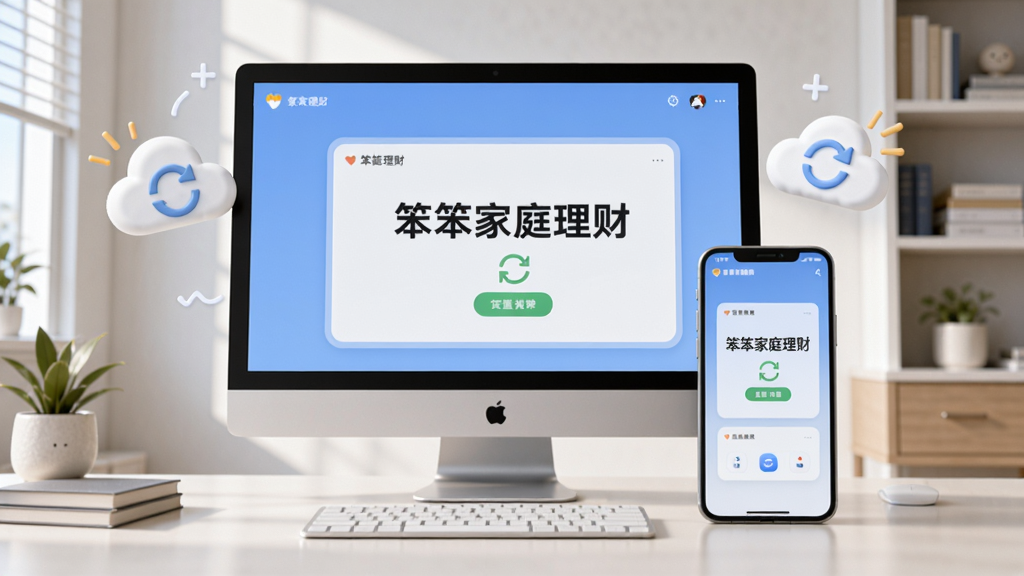 画面主体为电脑和手机并排放置,屏幕上显示“笨笨家庭理财”的同步界面,周围有云朵和同步图标;背景为现代简约书房,光线明亮;布局为左右对称;排版干净;风格为3D渲染风;画质高清,干净无多余元素。