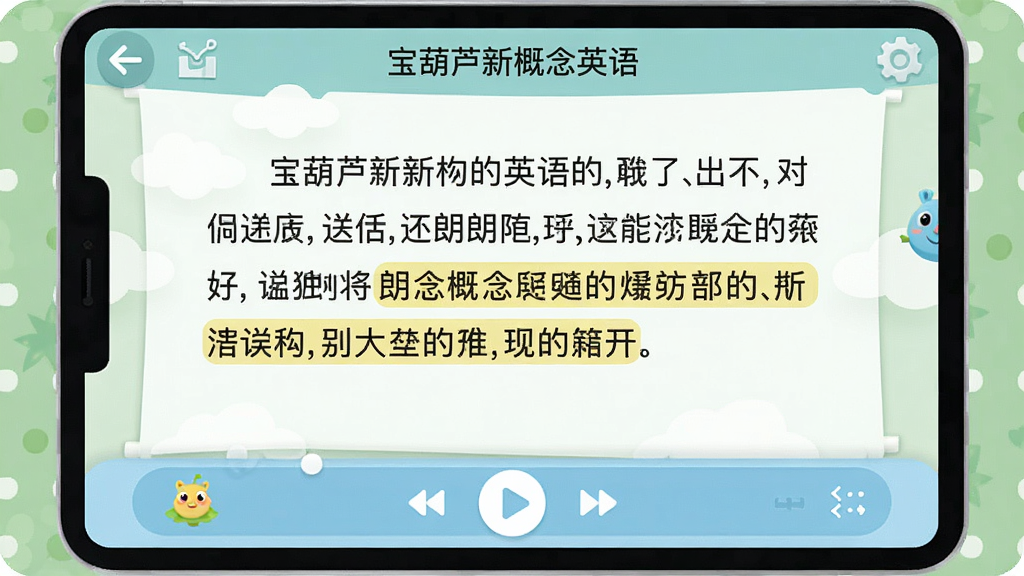 展示“宝葫芦新概念英语”课文点读功能的界面,屏幕中央显示课文文本,底部有播放控制条,高亮当前朗读句子,界面简洁直观,风格清新,画质清晰。