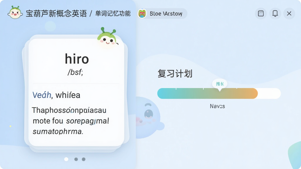 展示“宝葫芦新概念英语”单词记忆功能界面,左侧为单词卡片,右侧为复习计划进度条,卡片上显示单词、音标和例句,整体设计简约,色彩柔和,画质干净。