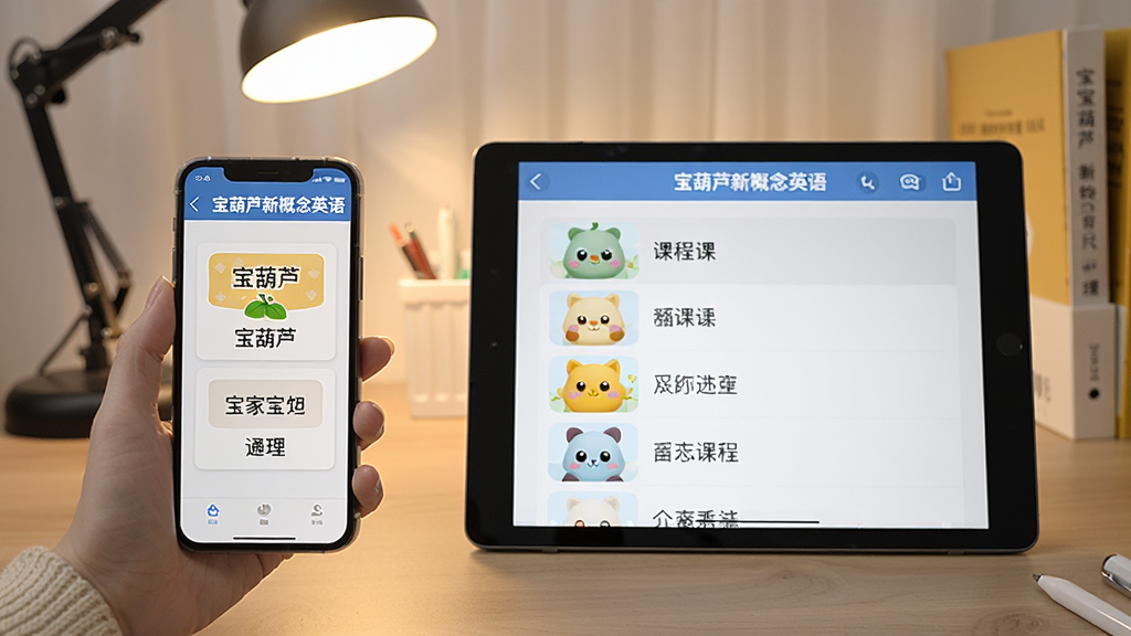 展示“宝葫芦新概念英语”在手机和平板上使用的场景,手机显示单词卡片,平板显示课程列表,背景为书桌和台灯,风格写实,画面干净,突出多端同步功能。