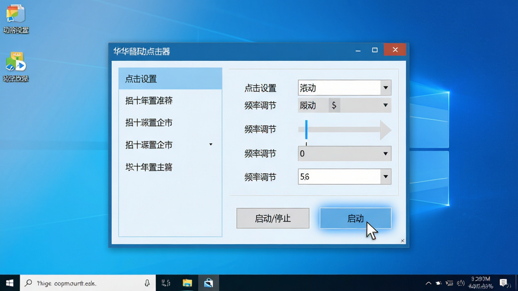 主体:华华鼠标自动点击器软件界面截图,背景为简洁的Windows桌面,主体为软件主窗口,显示“点击设置”、“频率调节”、“启动/停止”按钮。布局:居中构图,软件界面置于画面中央,左侧为功能列表,右侧为参数设置区域。排版:界面清晰,按钮排列整齐,字体为微软雅黑。风格:扁平化设计,色调以浅蓝和白色为主,简洁干净。细节:鼠标指针悬浮在“启动”按钮上,周围有微弱的蓝色光晕,暗示正在工作。画质:高清,干净,无多余元素