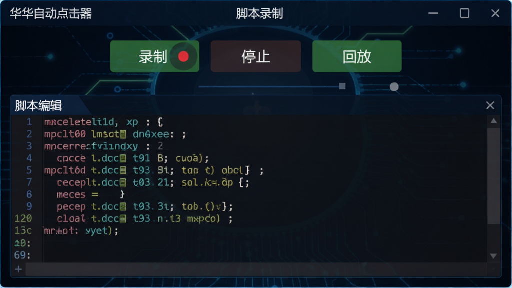 主体:华华鼠标自动点击器的“脚本录制”界面,中央区域为录制控制面板,有“录制”、“停止”、“回放”按钮,下方为脚本编辑框。布局:上下结构,上方控制区,下方脚本代码区。排版:代码区以深色背景显示彩色代码行。风格:技术感,深蓝和黑色为主,按钮为绿色。细节:录制按钮为红色圆点,表示正在录制。画质:高清,干净,无多余元素