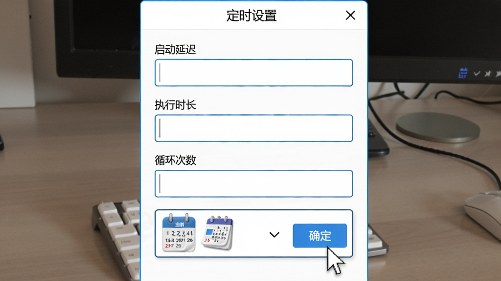 主体:华华鼠标自动点击器的“定时设置”界面,显示“启动延迟”、“执行时长”、“循环次数”输入框,以及一个日历图标的周期选择器。布局:垂直布局,从上到下依次排列。排版:输入框带标签,周期选择器为下拉菜单。风格:清新简洁,白色背景,蓝色边框。细节:日历图标上显示当前日期,鼠标指针指向“确定”按钮。画质:高清,干净,无多余元素
