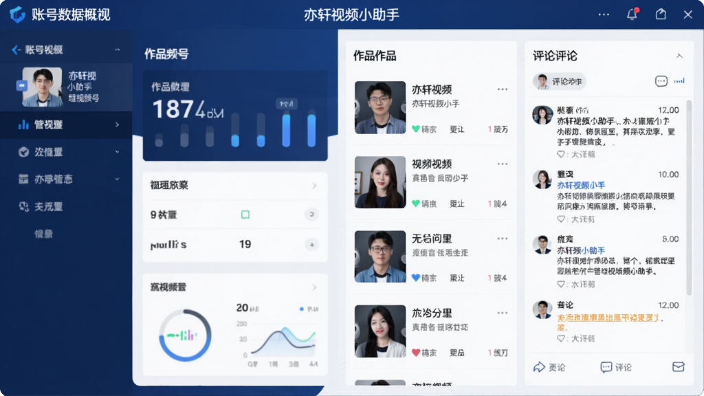 一张展示亦轩视频小助手管理视频号内容的界面,左侧为账号数据概览,右侧为作品列表与评论区域,软件名称“亦轩视频小助手”在界面顶部,整体风格商务化,色彩以深蓝和白色为主,布局清晰,细节丰富,画质干净,无多余元素