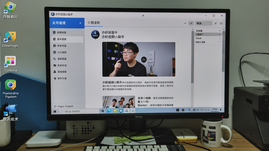 一张展示亦轩视频小助手在电脑上运行的截图,屏幕显示软件主界面,左侧功能栏,右侧内容区,背景为桌面,整体风格真实,细节丰富,画质清晰,无多余元素