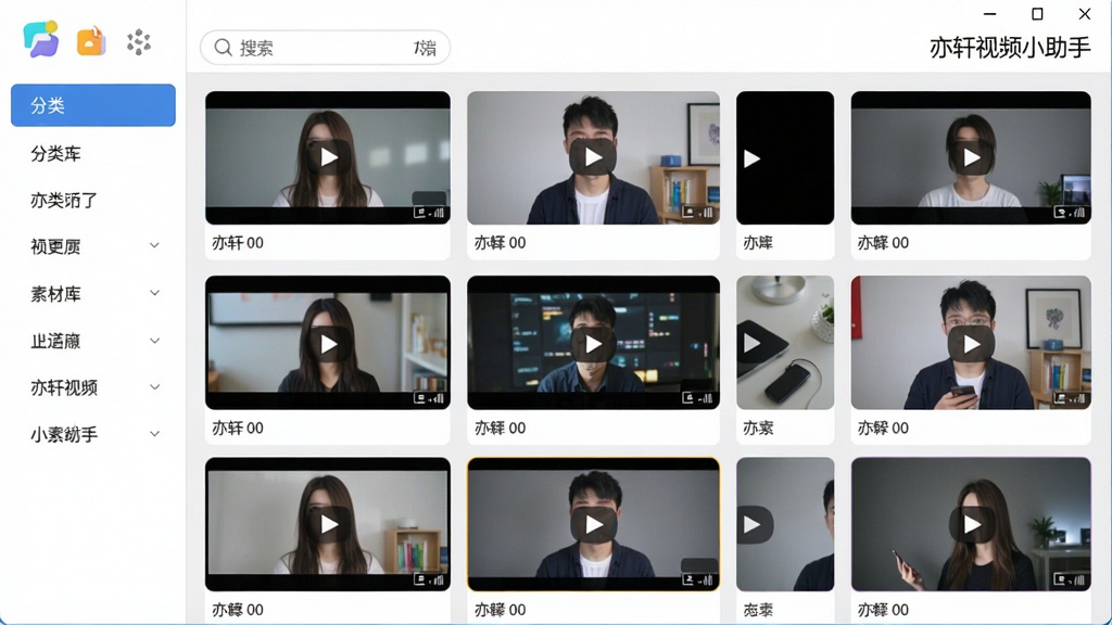 一张展示亦轩视频小助手素材库的界面,界面以网格形式展示视频缩略图,左侧有分类标签,顶部有搜索框,软件名称“亦轩视频小助手”在界面右上角,整体风格清爽,色彩明亮,布局合理,细节丰富,画质干净,无多余元素