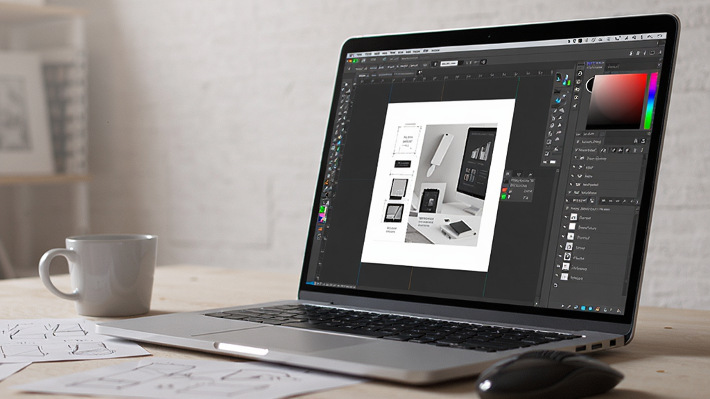 ���壺һ̨�ʼǱ�������Ļ��ʾAdobe InDesign 2022�����ƽ��������棬�Ա߷������Ϳ��ȱ�������������Ʋݸ壻���֣�����ͼ������Ϊ���壻�Ű棺��Ļ����ʾ�Ű�ҳ��͹���������������������͹��ߣ�ϸ�ڣ���Ļ�����������߹ⷴ�䣻���ʣ�����дʵ���ɾ����ࡣ